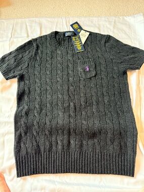 Polo by Ralph Lauren Charcoal Cable-Knit Crewneck Sweater with Pocket Pony